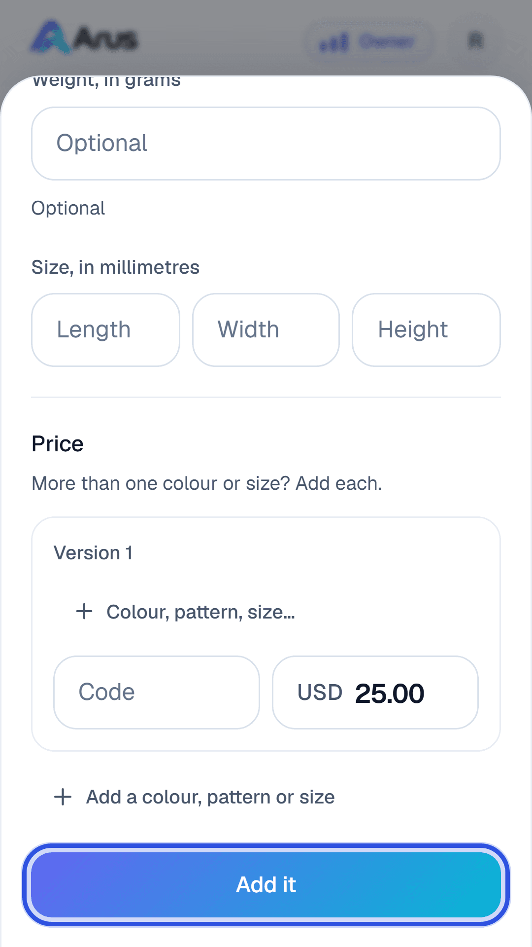 The Stock screen with a new product named and priced, and the Add it button ringed