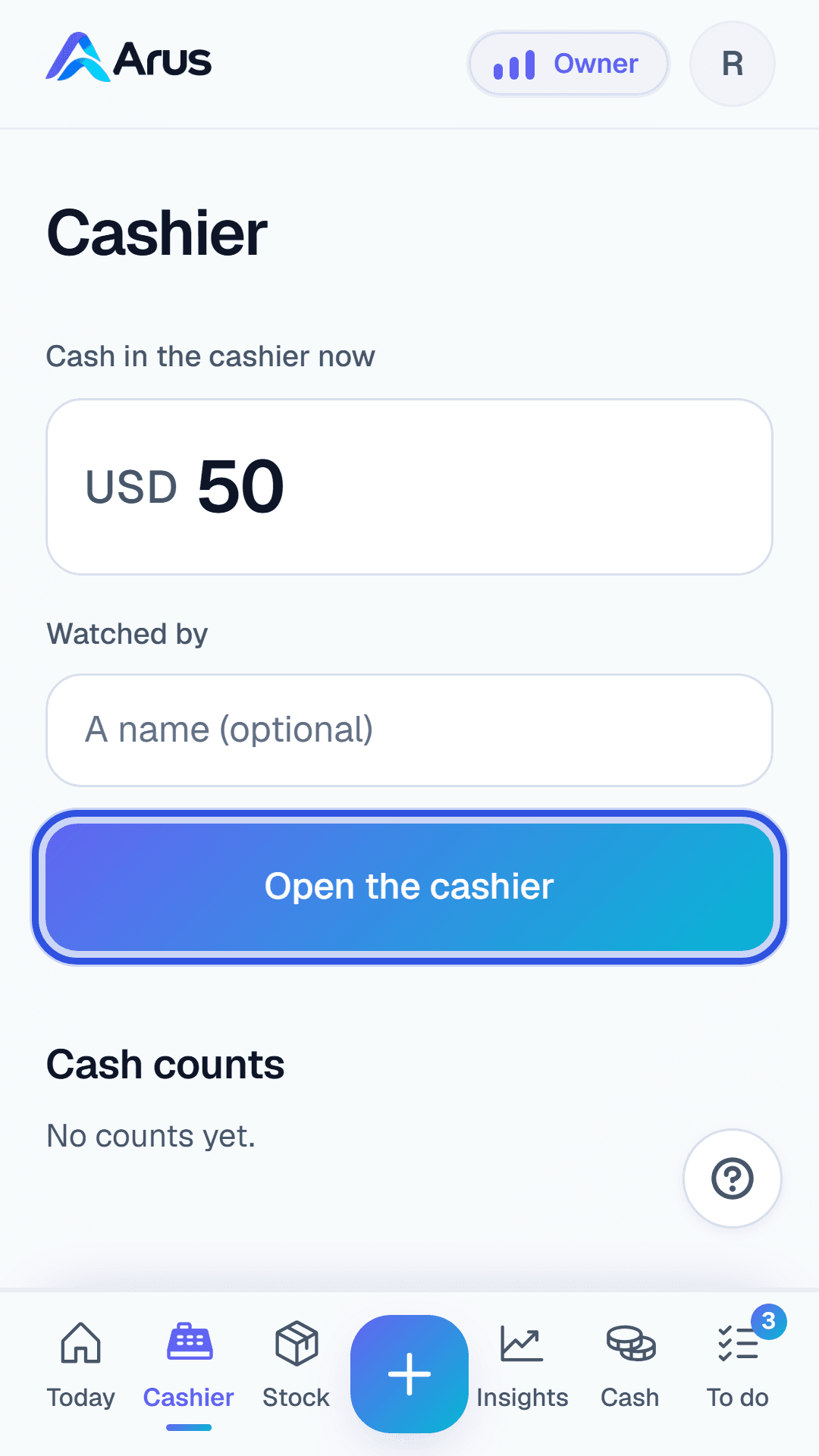 The Cashier screen with the float entered and the Open the cashier button ringed