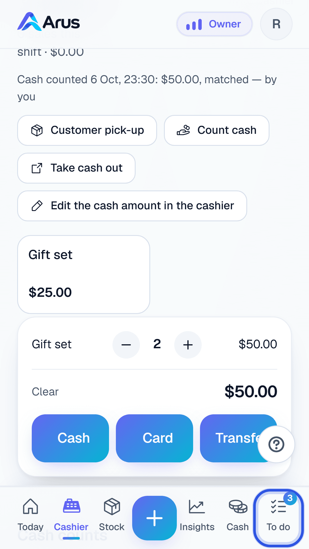 The cashier screen with the To do tab ringed in the tab bar